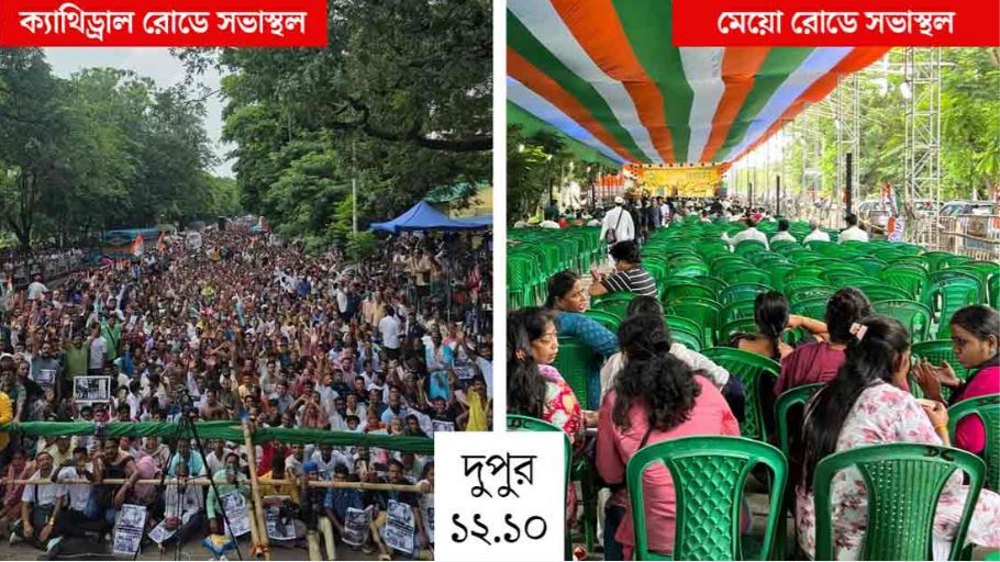 কলকাতার তিন জায়গায় ‘শহিদ সমাবেশ’! ভিড়ের নিরিখে এগিয়ে কালীঘাট তৃণমূল, প্রায় ফাঁকা ‘দাগী’ ঋতব্রতদের সভাস্থল